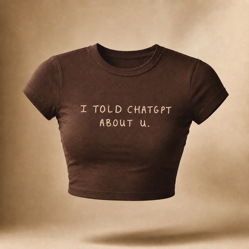 Brown crop top with text 'I told ChatGPT about u.' on a beige background