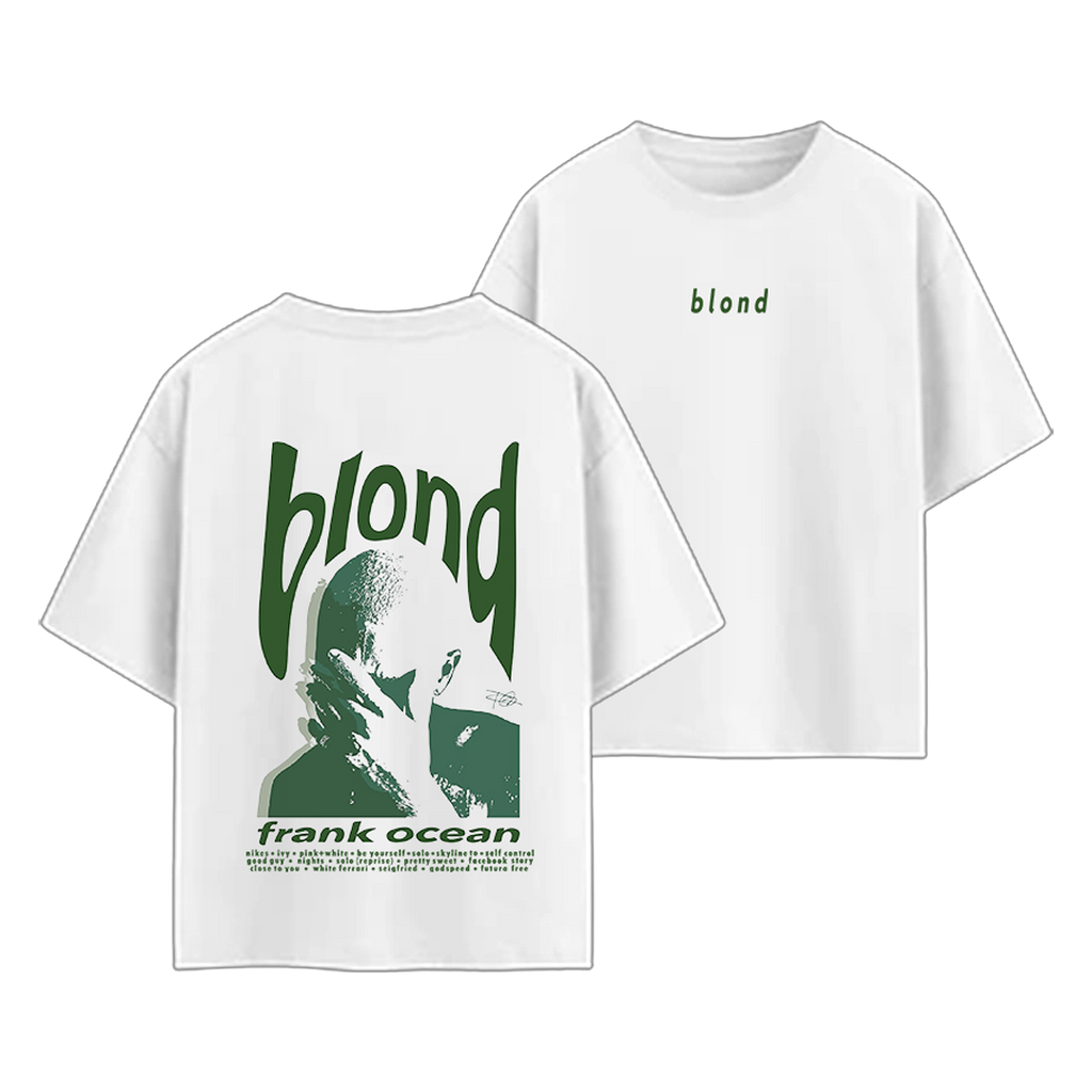 White t-shirt with green graphic and text on a white background