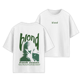 White t-shirt with green graphic and text on a white background