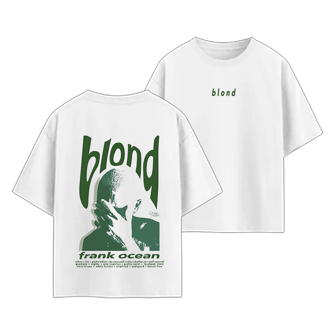White t-shirt with green graphic and text on a white background