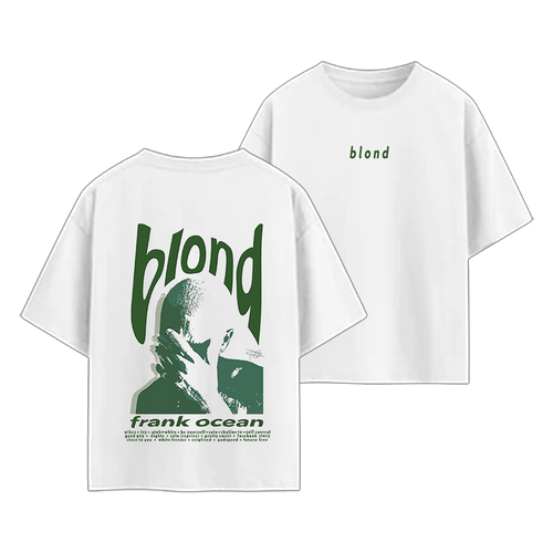 White t-shirt with green graphic and text on a white background