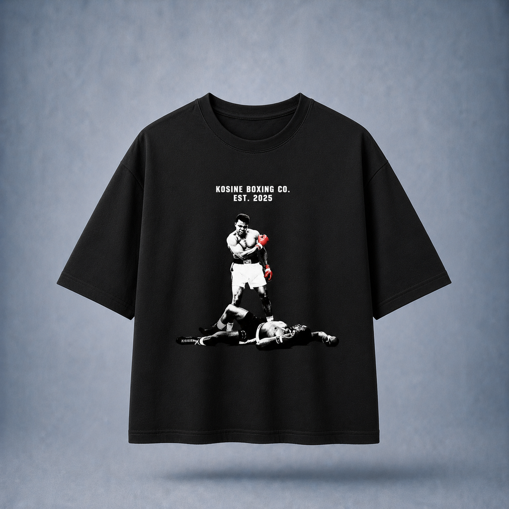 Black t-shirt with a graphic of a boxer and text on a gray background