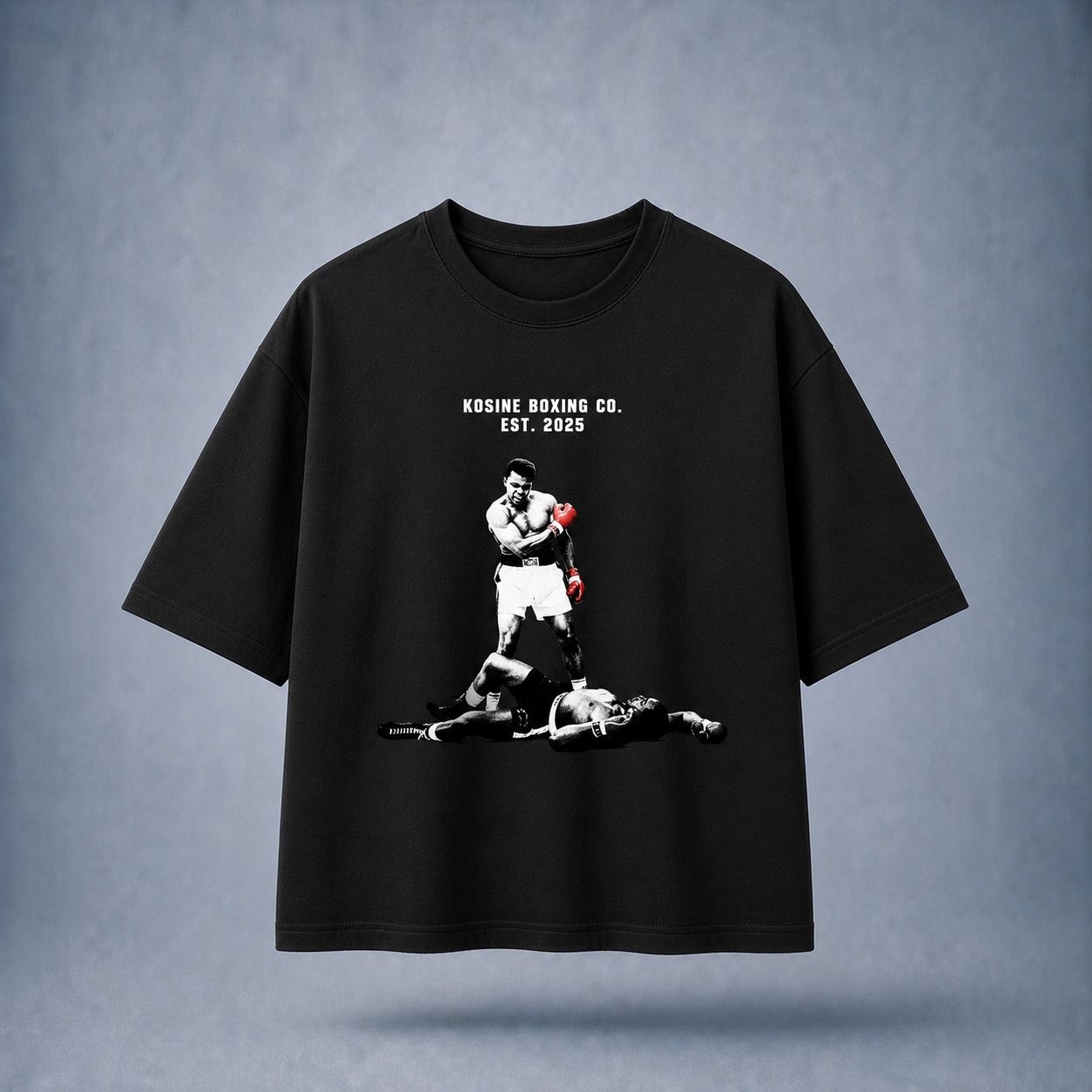 Black t-shirt with a graphic of a boxer and text on a gray background