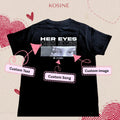 Black t-shirt with customizable text and image options on a beige background with heart designs.