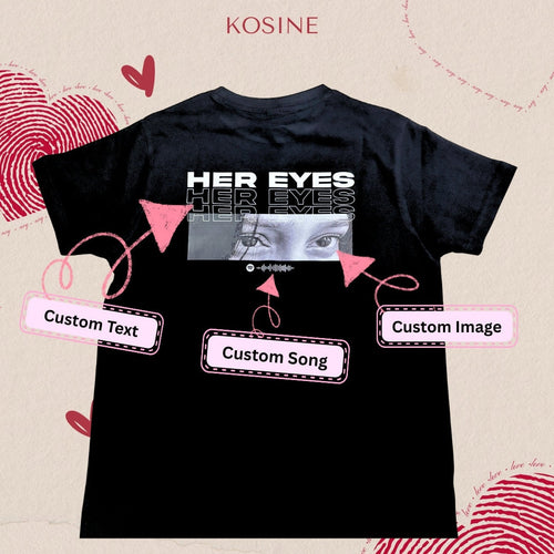 Black t-shirt with customizable text and image options on a beige background with heart designs.