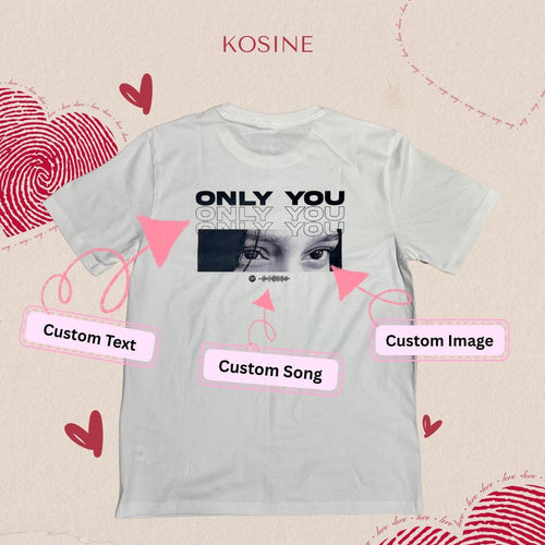 Gray t-shirt with customizable text, image, and song options on a heart patterned background