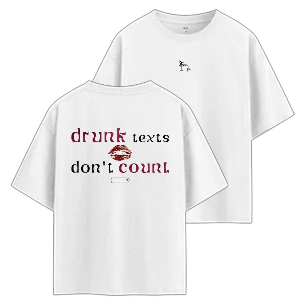 White t-shirt with 'drunk texts don't count' text and red lips graphic on a white background