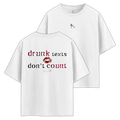 White t-shirt with 'drunk texts don't count' text and red lips graphic on a white background