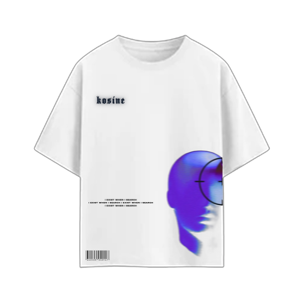 White t-shirt with a graphic design and text on a white background