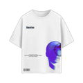 White t-shirt with a graphic design and text on a white background