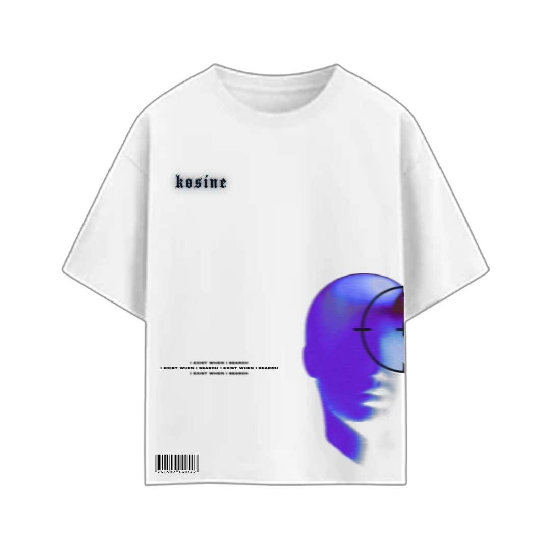 White t-shirt with a graphic design and text on a white background