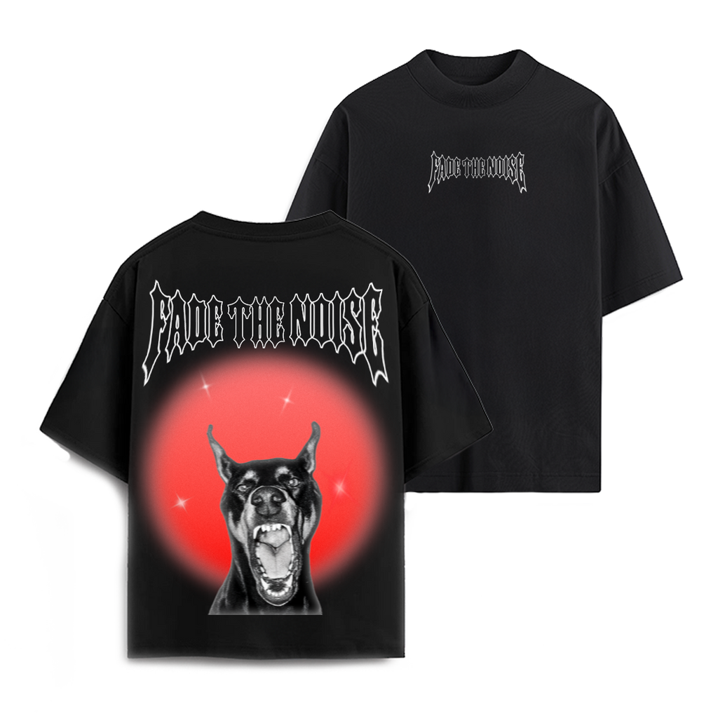 Black t-shirt with graphic design and text on front and back, displayed on a white background.