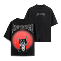 Black t-shirt with graphic design and text on front and back, displayed on a white background.