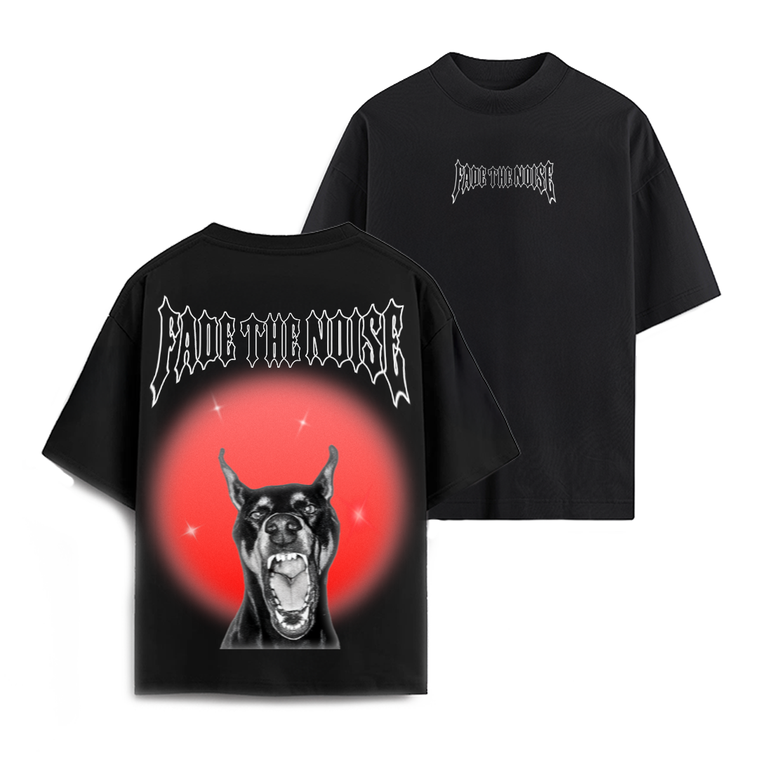 Black t-shirt with graphic design and text on front and back, displayed on a white background.