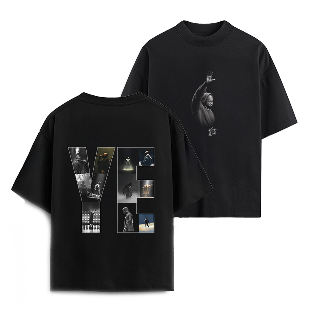 Black t-shirt with graphic designs on front and back