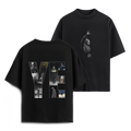 Black t-shirt with graphic designs on front and back