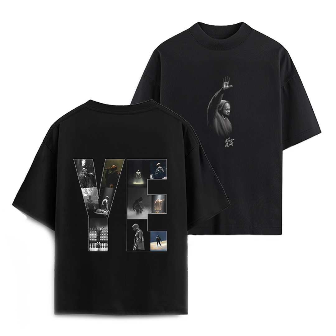 Black t-shirt with graphic designs on front and back