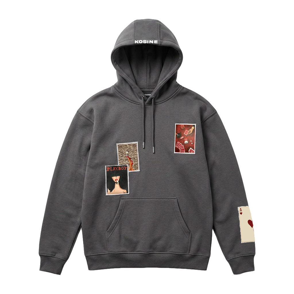 Gray hoodie with graphic designs on a white background