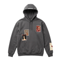 Gray hoodie with graphic designs on a white background