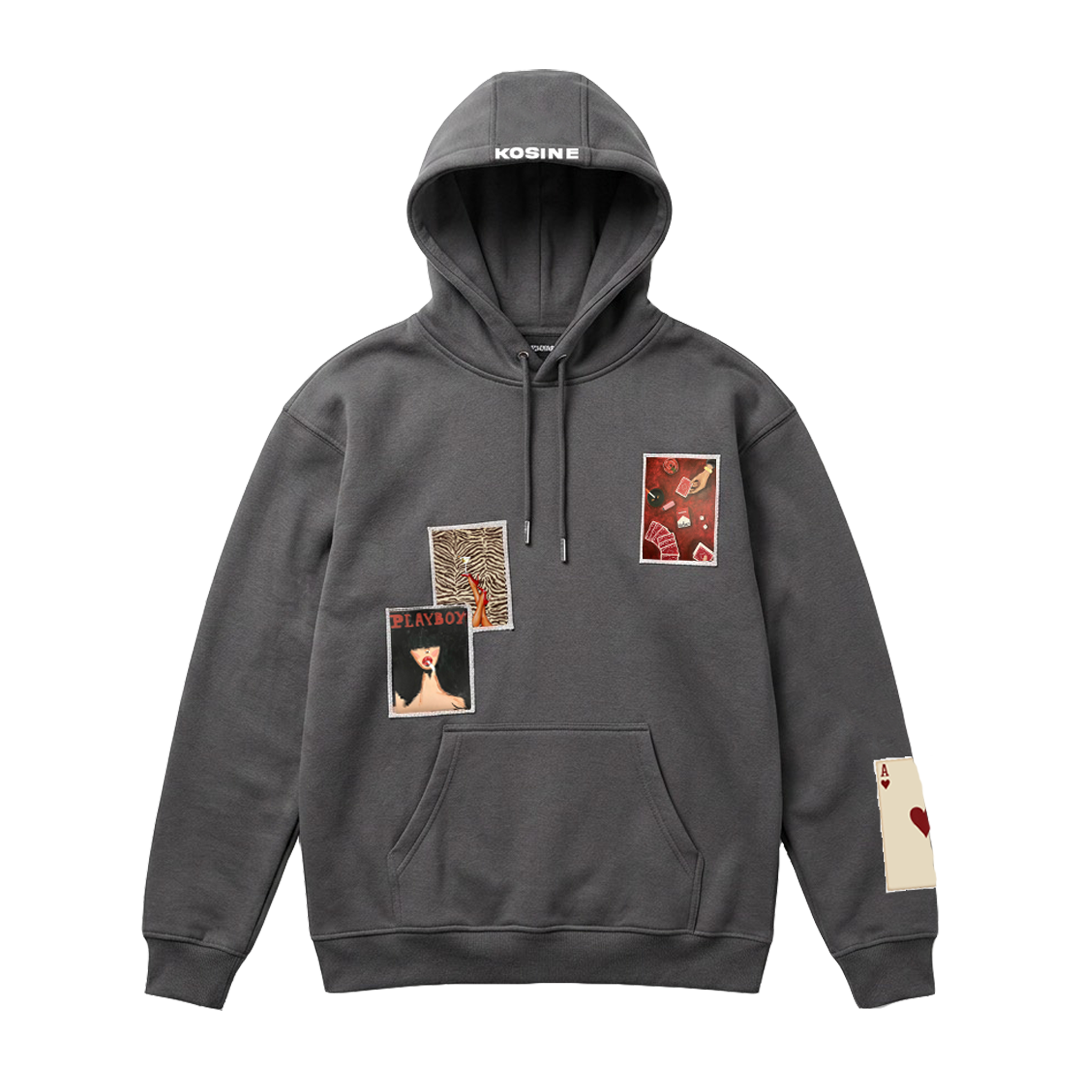 Gray hoodie with graphic designs on a white background