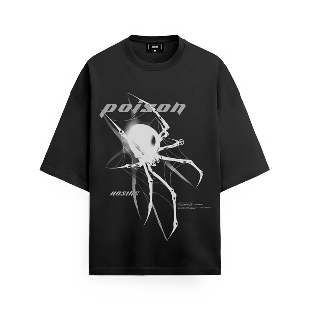 Black t-shirt with white graphic design and text on a white background
