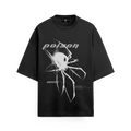 Black t-shirt with white graphic design and text on a white background
