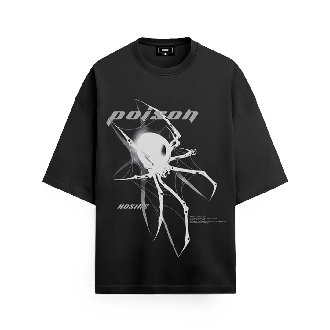 Black t-shirt with white graphic design and text on a white background