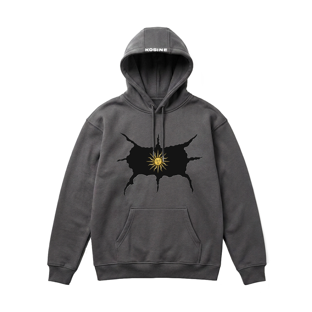 Gray hoodie with black graphic design on a white background