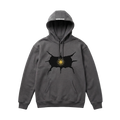 Gray hoodie with black graphic design on a white background