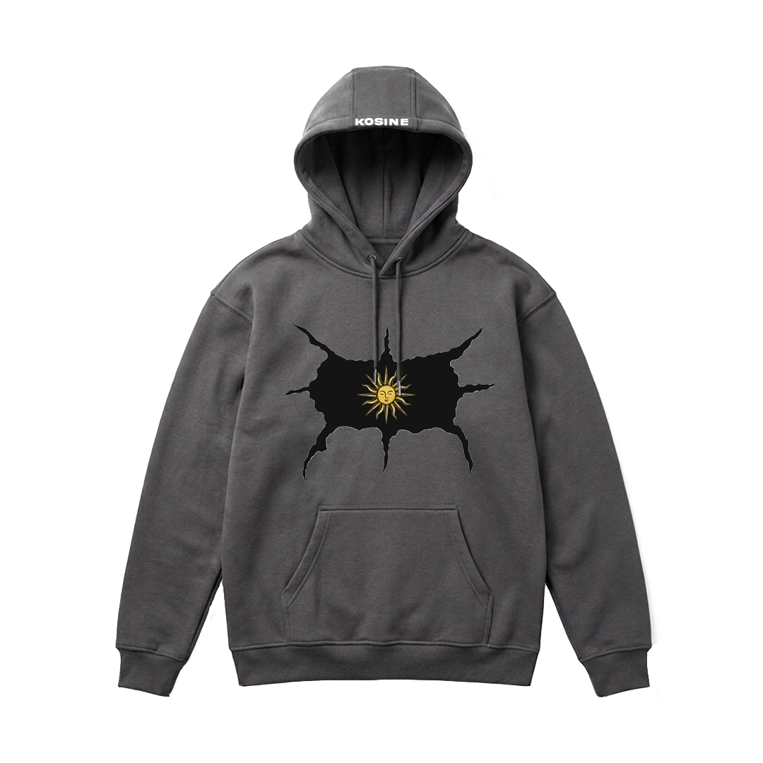Gray hoodie with black graphic design on a white background