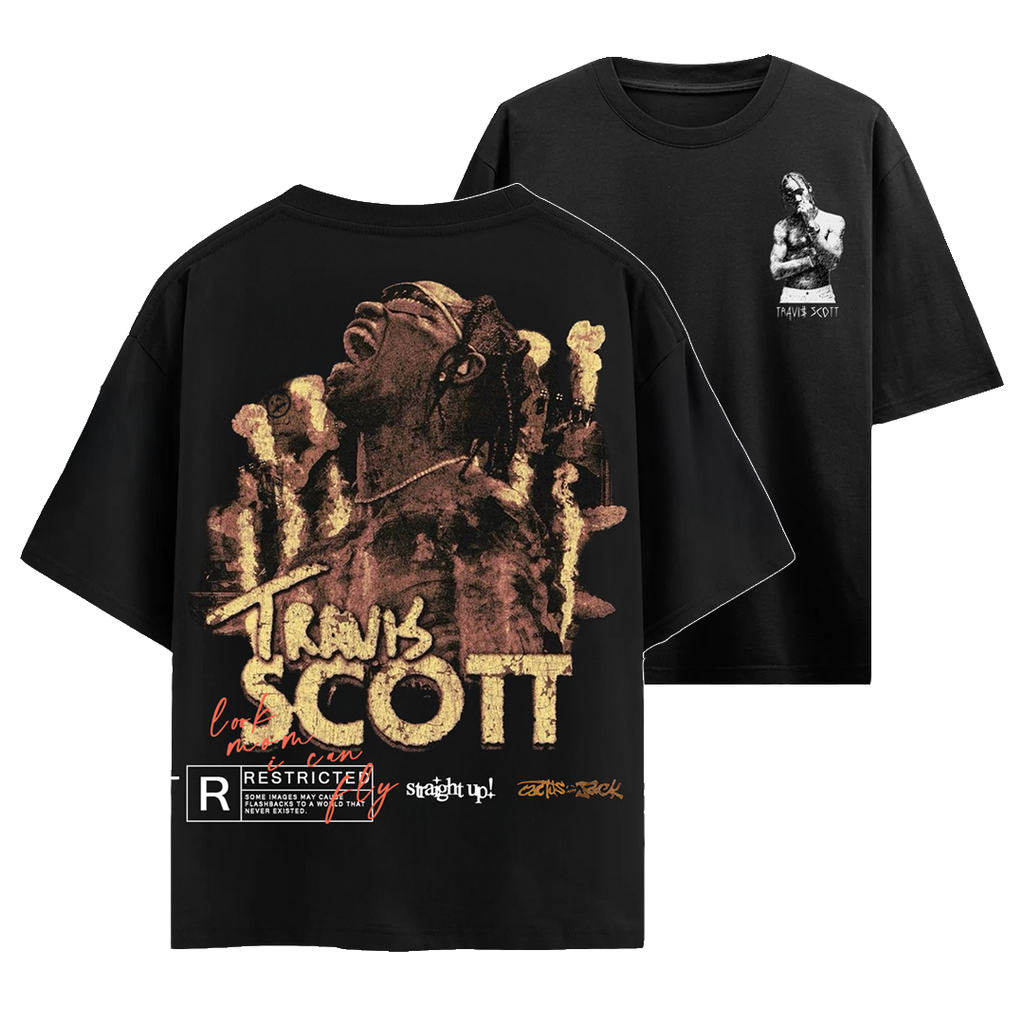 Black t-shirt with graphic design and text, featuring a stylized face and 'Travis Scott' branding.