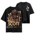 Black t-shirt with graphic design and text, featuring a stylized face and 'Travis Scott' branding.