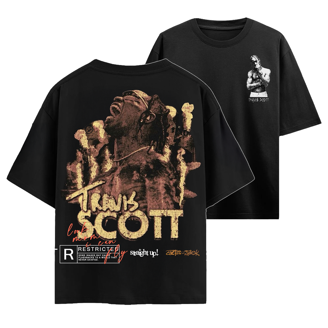 Black t-shirt with graphic design and text, featuring a stylized face and 'Travis Scott' branding.