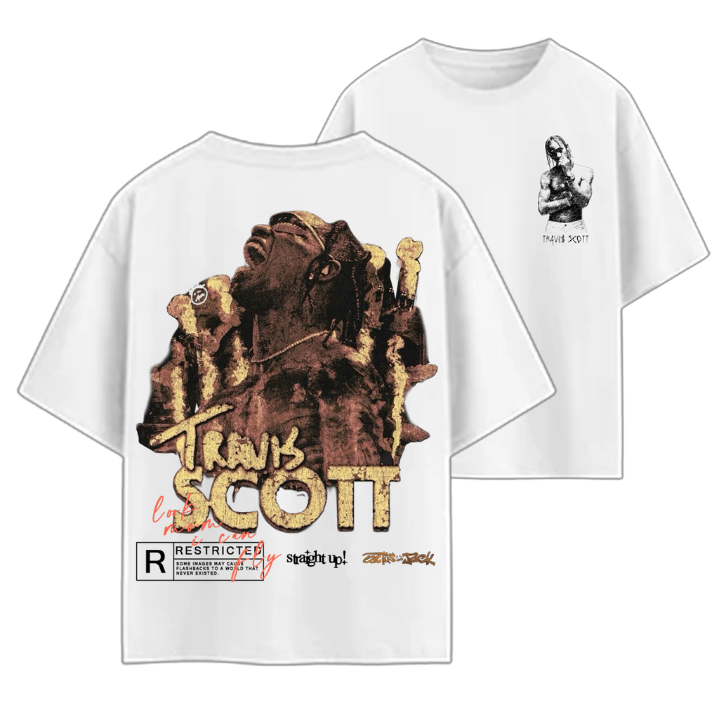 White t-shirt with graphic design and text on a white background