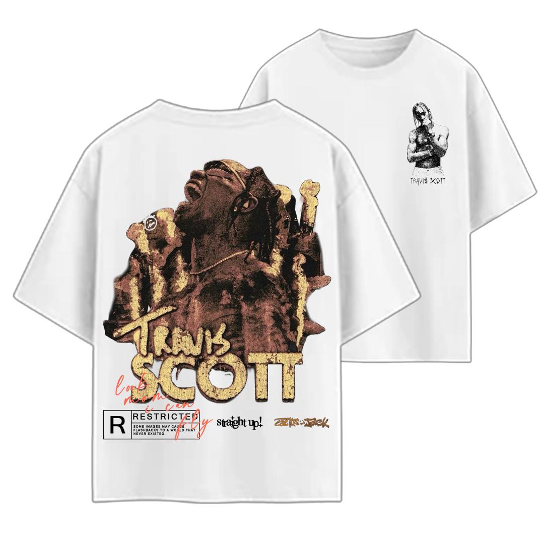 White t-shirt with graphic design and text on a white background